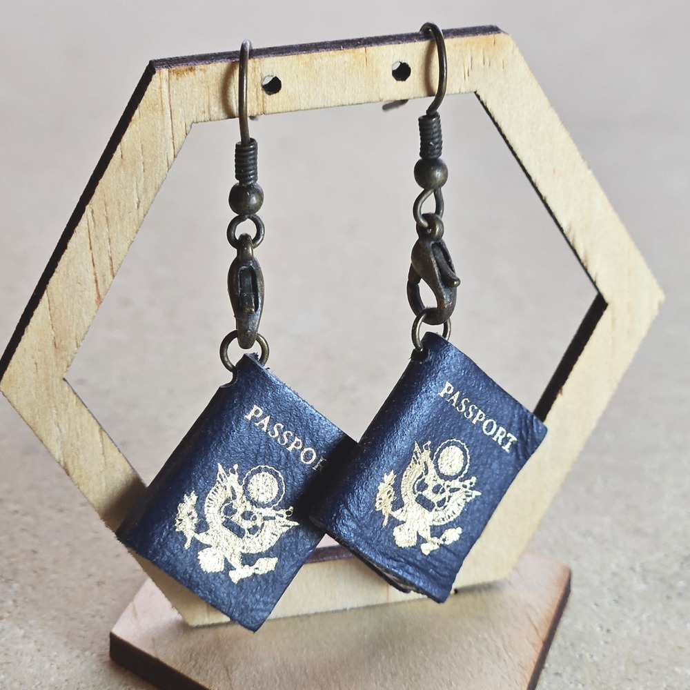 Handmade Miniature US Passport Dangle Earrings Navy‎ Blue Gold Travel Jewelry